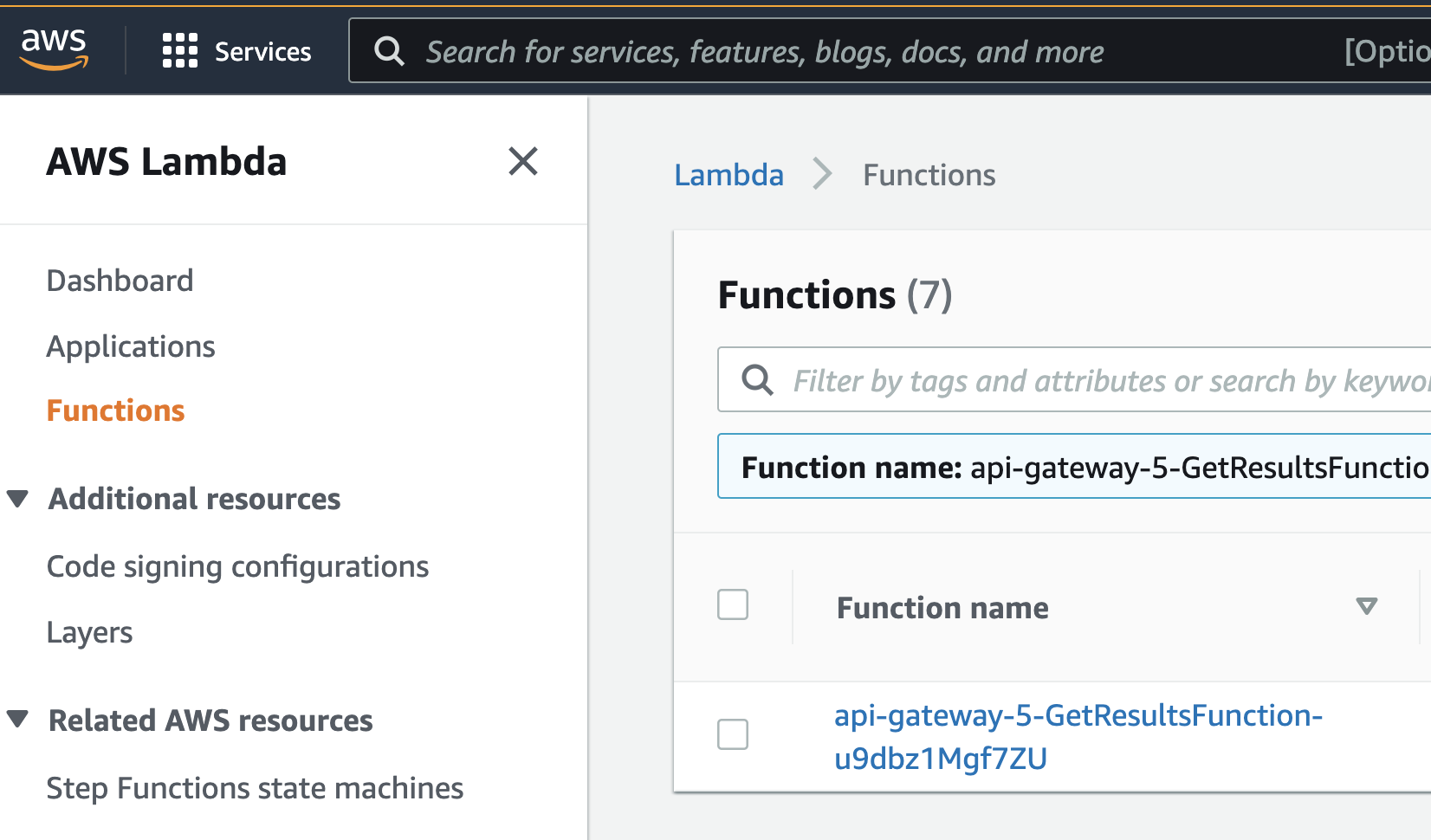 GetResults Lambda Console